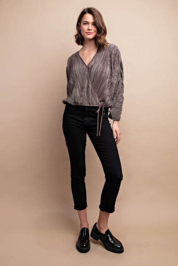 Satin Pleated Drawstring Top With Snap Button - Women's top - SmartBuyApparel