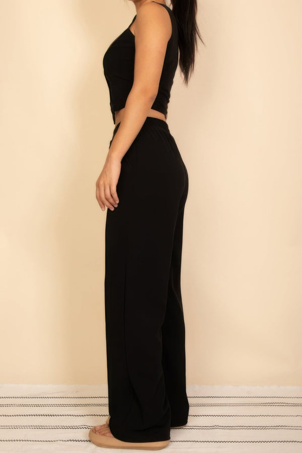 Scoop Neck Button Vest & Wide Leg Pants Set - Women's set - SmartBuyApparel