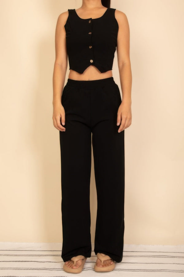 Scoop Neck Button Vest & Wide Leg Pants Set - Women's set - SmartBuyApparel