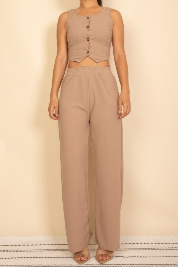 Scoop Neck Button Vest & Wide Leg Pants Set - Women's set - SmartBuyApparel