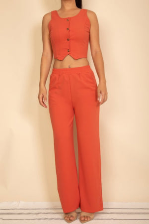 Scoop Neck Button Vest & Wide Leg Pants Set - Women's set - SmartBuyApparel