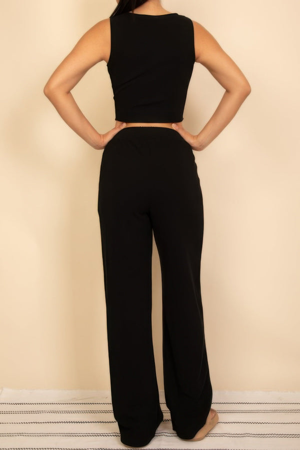 Scoop Neck Button Vest & Wide Leg Pants Set - Women's set - SmartBuyApparel
