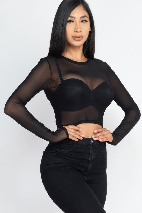 Sexy Sheer Mesh Long Sleeve Crop Top - Top - SmartBuyApparel