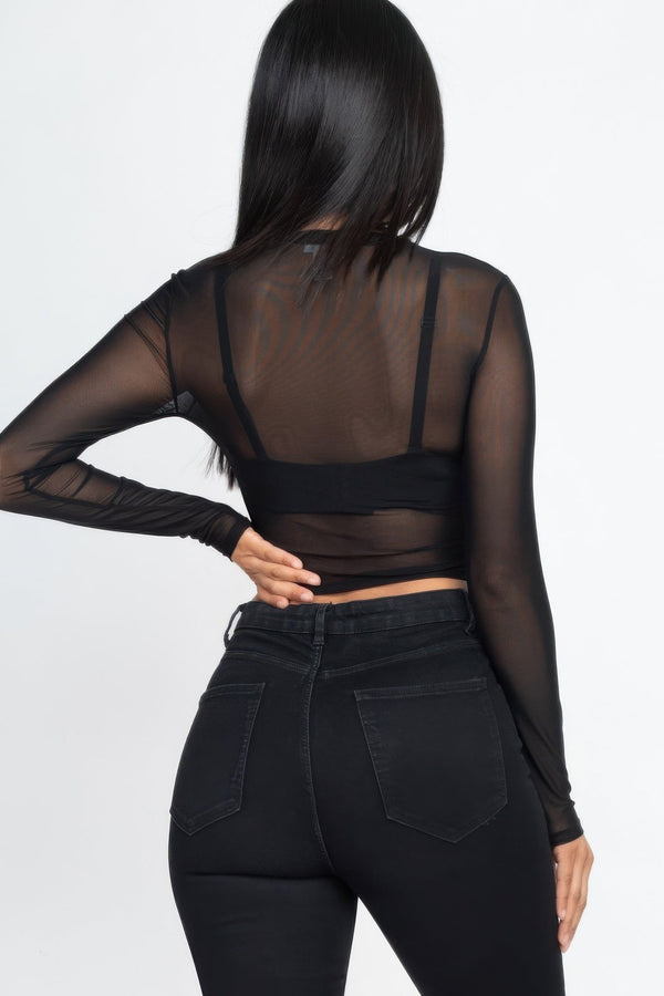 Sexy Sheer Mesh Long Sleeve Crop Top - Top - SmartBuyApparel