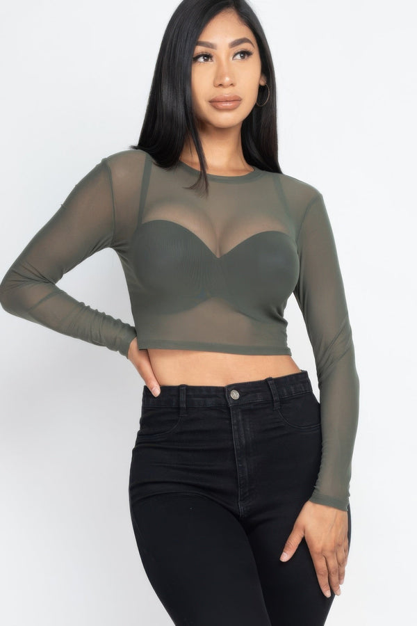 Sexy Sheer Mesh Long Sleeve Crop Top - Top - SmartBuyApparel