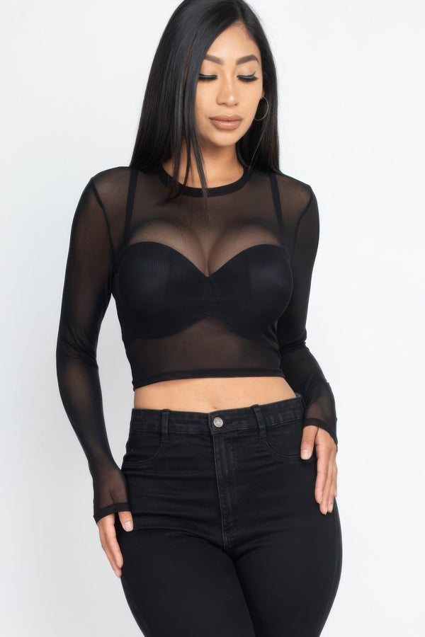 Sexy Sheer Mesh Long Sleeve Crop Top - Top - SmartBuyApparel