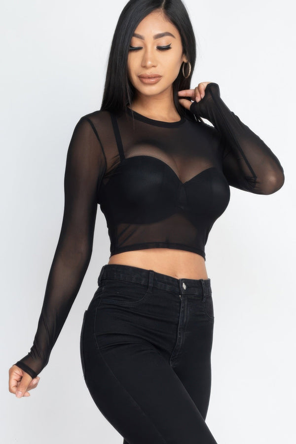 Sexy Sheer Mesh Long Sleeve Crop Top - Top - SmartBuyApparel