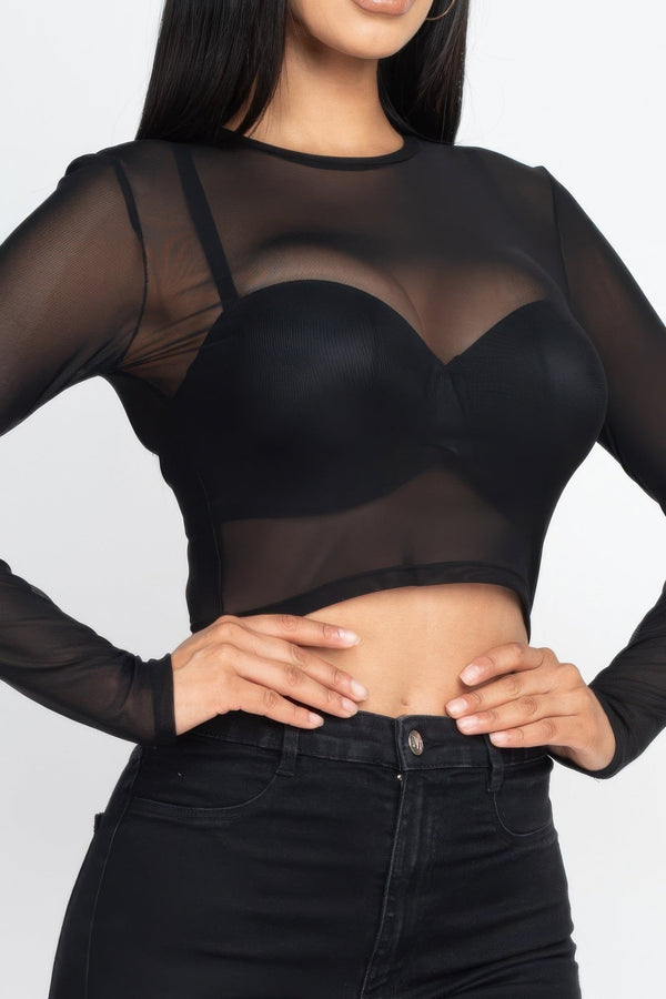 Sexy Sheer Mesh Long Sleeve Crop Top - Top - SmartBuyApparel
