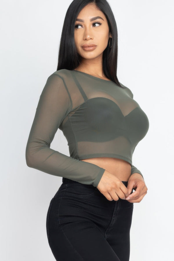 Sexy Sheer Mesh Long Sleeve Crop Top - Top - SmartBuyApparel