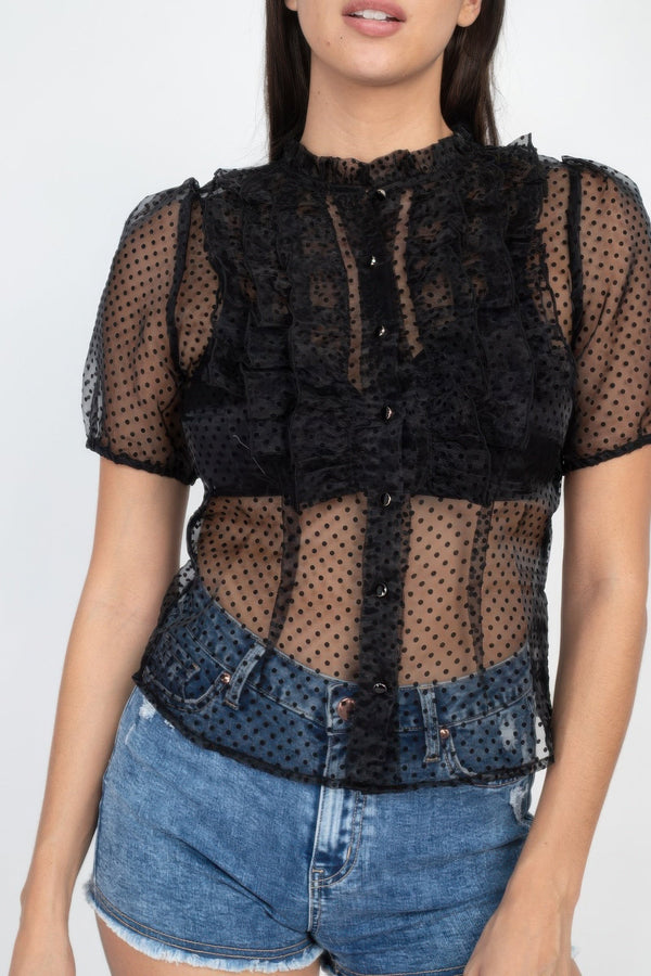Sheer Ruffle - trim Dot Top - | SmartBuyApparel