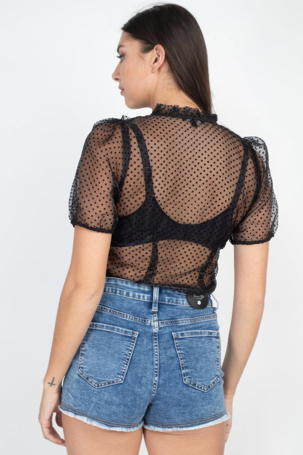 Sheer Ruffle - trim Dot Top - | SmartBuyApparel
