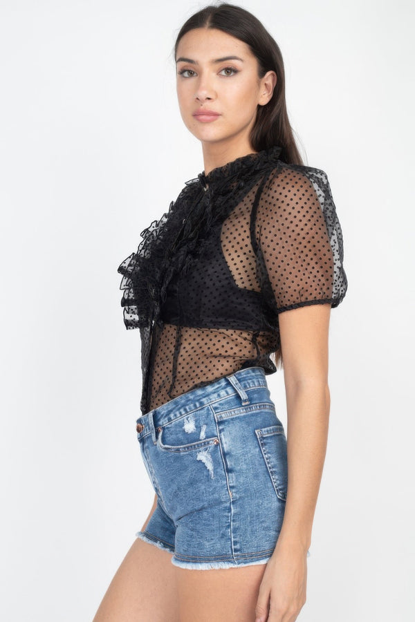 Sheer Ruffle - trim Dot Top - | SmartBuyApparel
