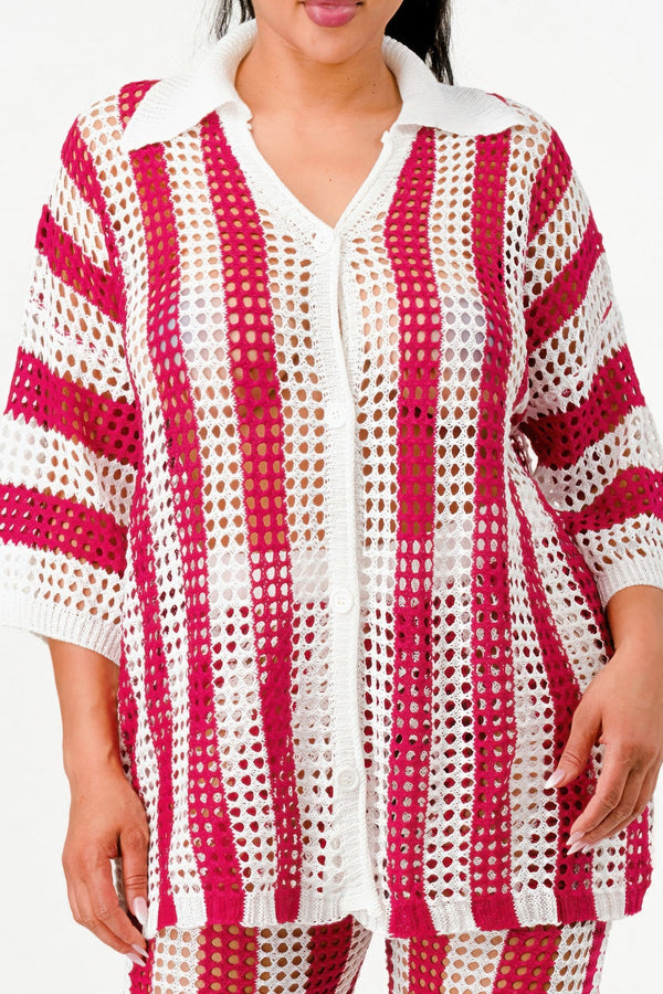 Sheer Stripe Polo Knit Pants Set - Set - SmartBuyApparel