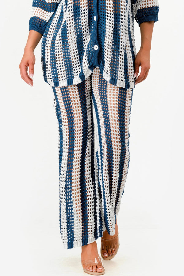 Sheer Stripe Polo Knit Pants Set - Set - SmartBuyApparel