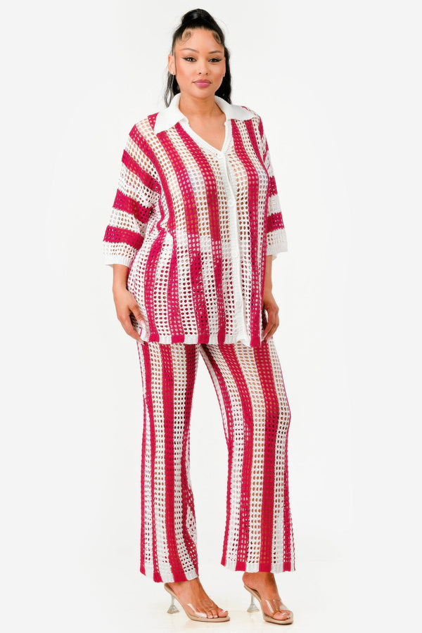 Sheer Stripe Polo Knit Pants Set - Set - SmartBuyApparel