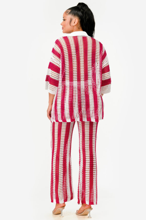 Sheer Stripe Polo Knit Pants Set - Set - SmartBuyApparel