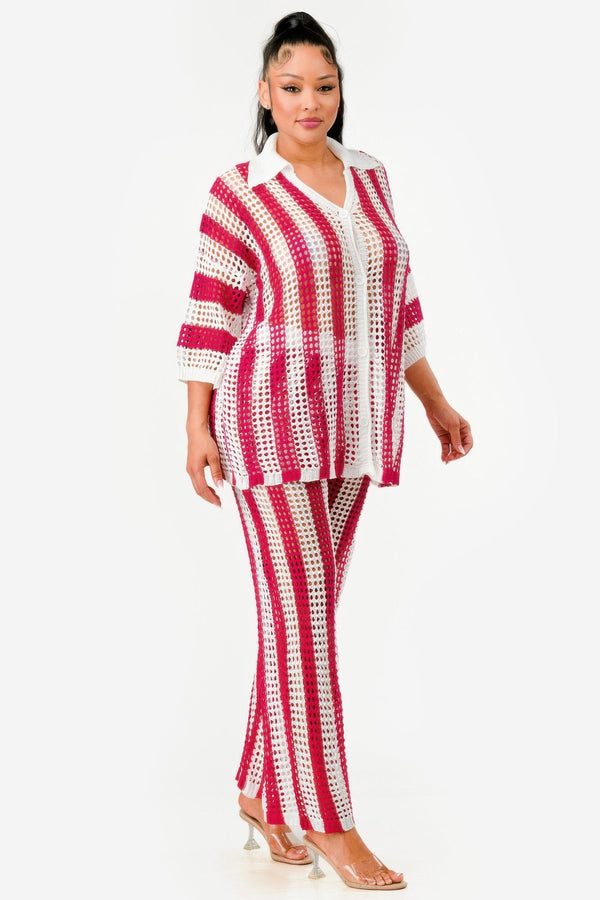 Sheer Stripe Polo Knit Pants Set - Set - SmartBuyApparel