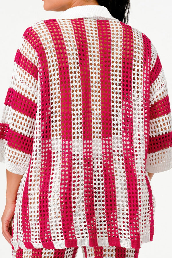 Sheer Stripe Polo Knit Pants Set - Set - SmartBuyApparel