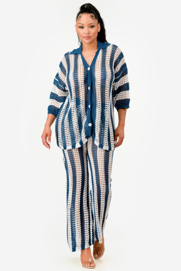 Sheer Stripe Polo Knit Pants Set - Set - SmartBuyApparel