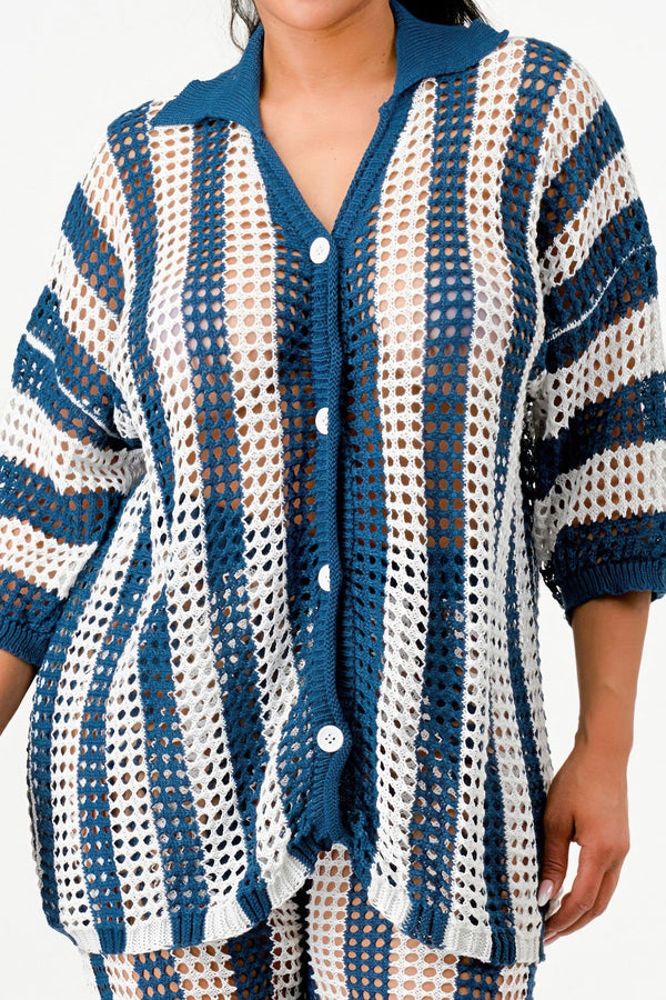 Sheer Stripe Polo Knit Pants Set - Set - SmartBuyApparel