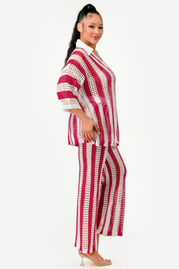 Sheer Stripe Polo Knit Pants Set - Set - SmartBuyApparel