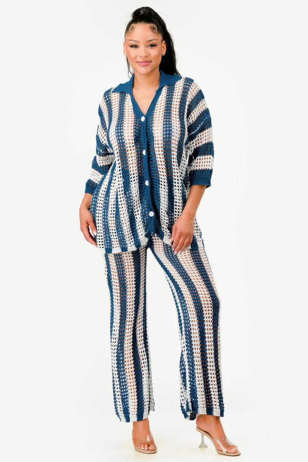 Sheer Stripe Polo Knit Pants Set - Set - SmartBuyApparel