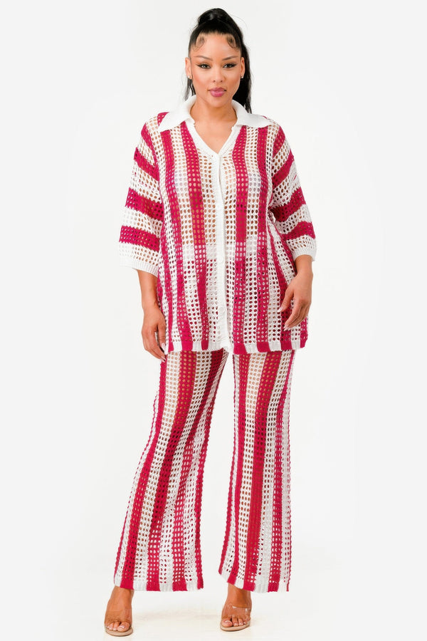Sheer Stripe Polo Knit Pants Set - Set - SmartBuyApparel