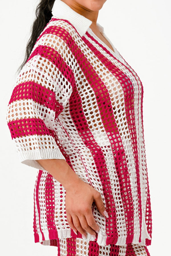 Sheer Stripe Polo Knit Pants Set - Set - SmartBuyApparel