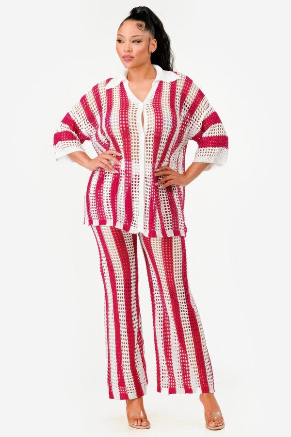 Sheer Stripe Polo Knit Pants Set - Set - SmartBuyApparel