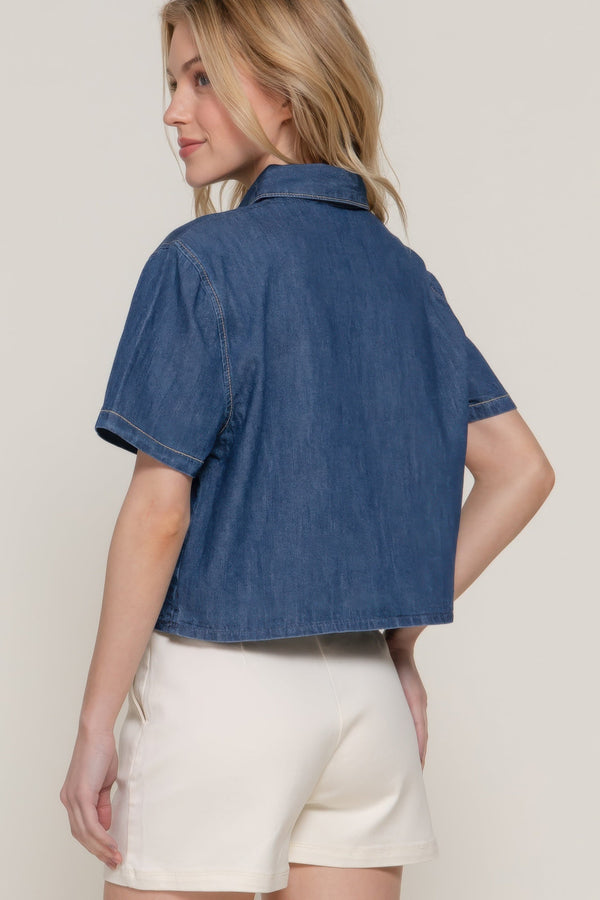 Short Sleeve Boxy Denim Shirt - | SmartBuyApparel