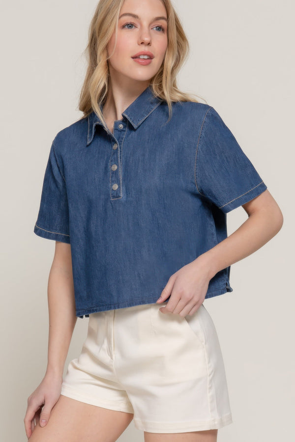 Short Sleeve Boxy Denim Shirt - | SmartBuyApparel
