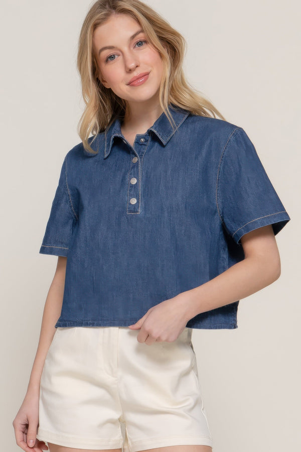 Short Sleeve Boxy Denim Shirt - | SmartBuyApparel