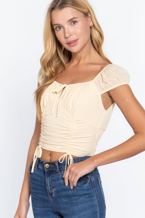 Short Sleeve Front Tie Ruched Detail Woven Top - Women's top - SmartBuyApparel