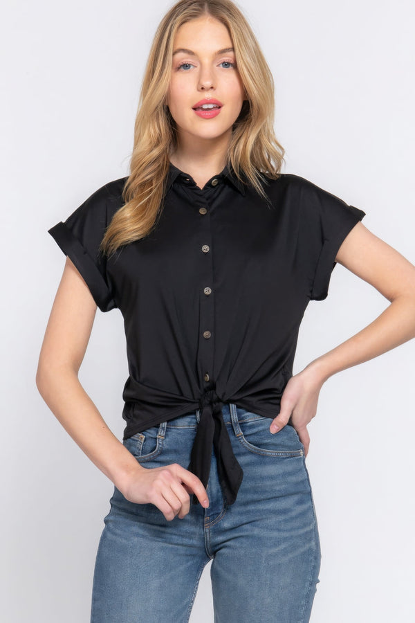 Short Sleeve Front Tie Stretch ITY Top - Women's top - SmartBuyApparel