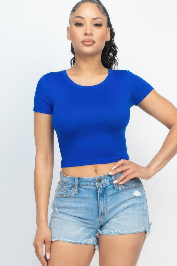 Short Sleeve Roundneck Crop Top - Women's top - SmartBuyApparel