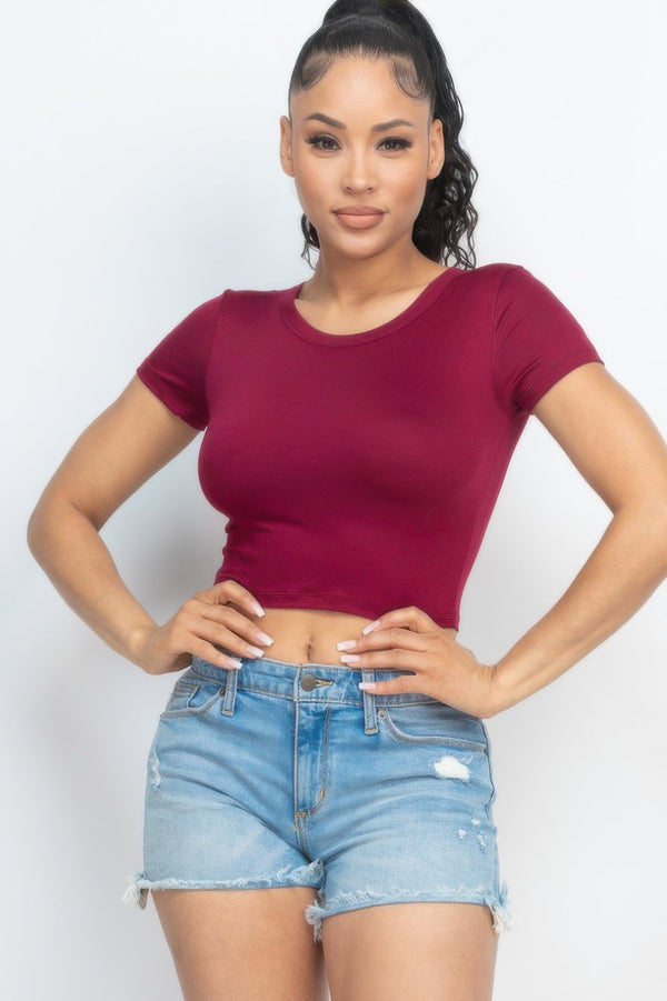 Short Sleeve Roundneck Crop Top - Women's top - SmartBuyApparel