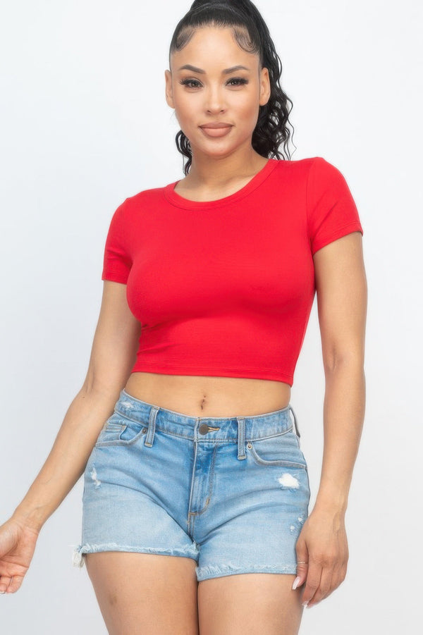 Short Sleeve Roundneck Crop Top - Women's top - SmartBuyApparel
