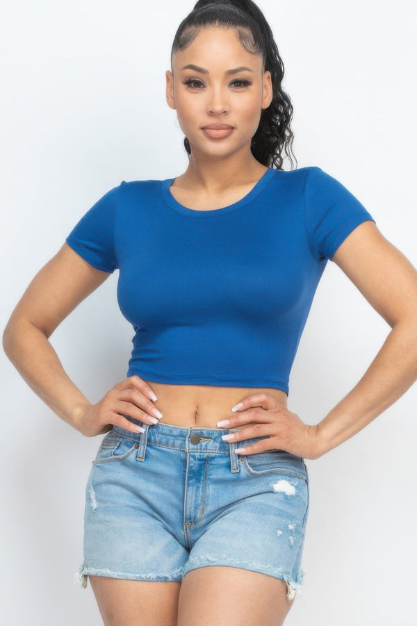 Short Sleeve Roundneck Crop Top - Women's top - SmartBuyApparel