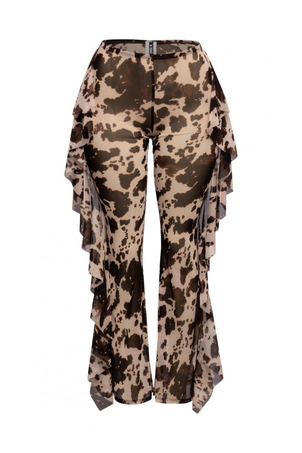 Side Ruffle Detailed Printed Mesh Pants - | SmartBuyApparel