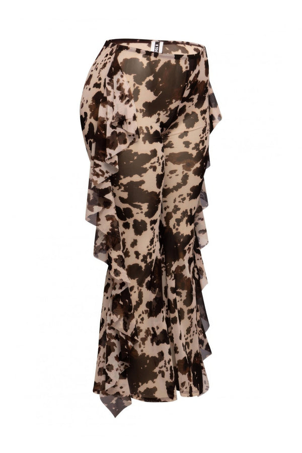 Side Ruffle Detailed Printed Mesh Pants - | SmartBuyApparel