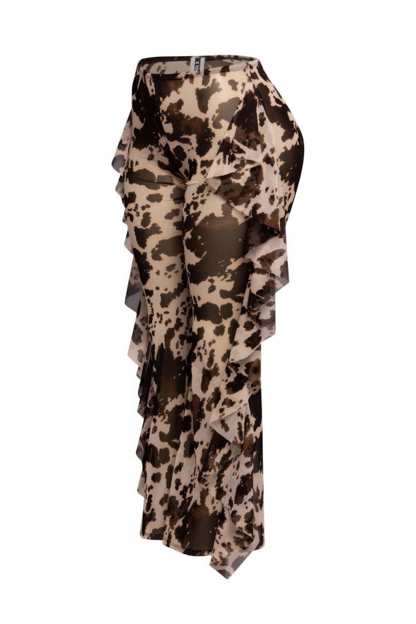 Side Ruffle Detailed Printed Mesh Pants - | SmartBuyApparel