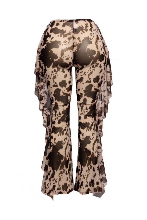 Side Ruffle Detailed Printed Mesh Pants - | SmartBuyApparel