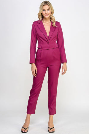 Single - Button Crop Blazer With Tailored Pants Set - Women's set - SmartBuyApparel