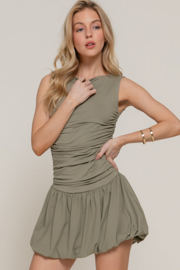 Sleeveless Boat Neck Voluminous Mini Dress - Dress - SmartBuyApparel
