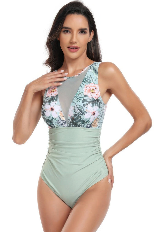 Sleeveless Color Block Floral Fit Lace Swimsuits - | SmartBuyApparel
