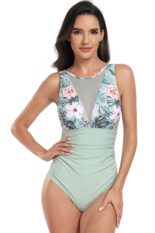 Sleeveless Color Block Floral Fit Lace Swimsuits - | SmartBuyApparel