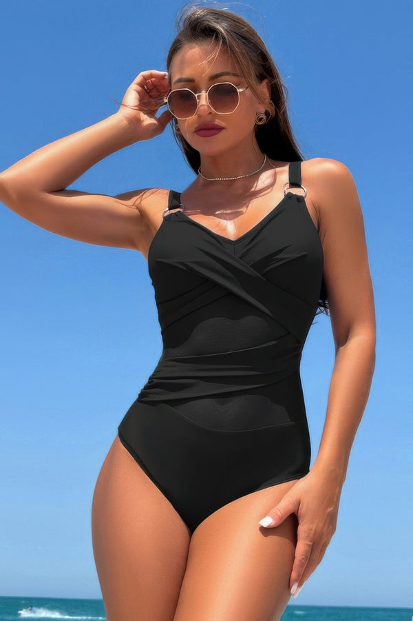 Sleeveless One Piece Cross Lace V Neck Swimsuit - | SmartBuyApparel