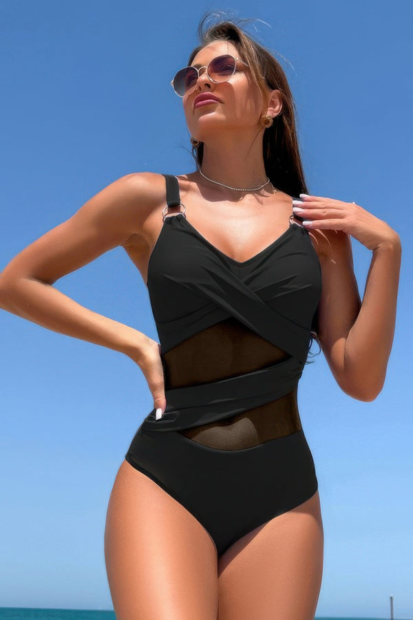 Sleeveless One Piece Cross Lace V Neck Swimsuit - | SmartBuyApparel