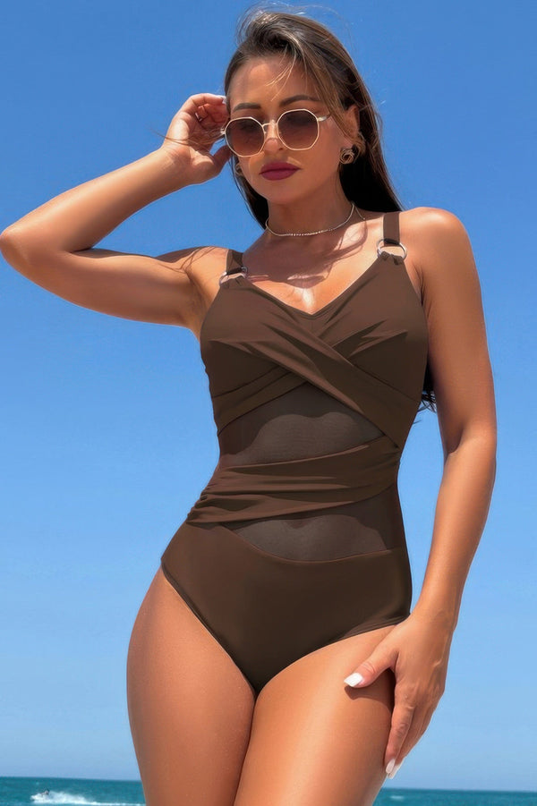 Sleeveless One Piece Cross Lace V Neck Swimsuit - | SmartBuyApparel