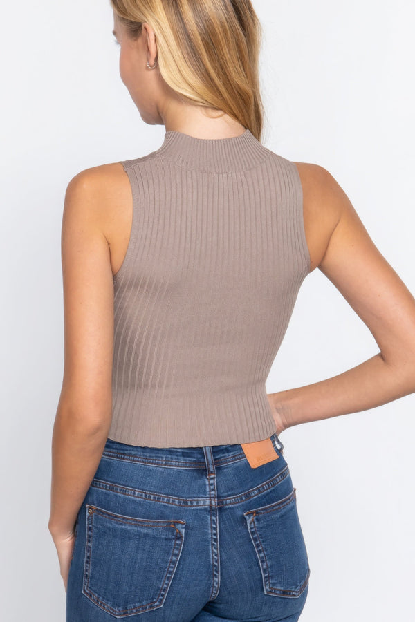 Sleeveless Rib Sweater Top W/Zipper - Women's sweater - SmartBuyApparel